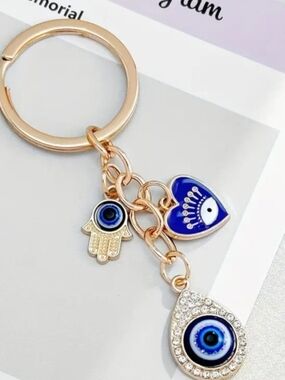 Gold-Tone Blue Evil Eye & Hamsa Charm Keychain